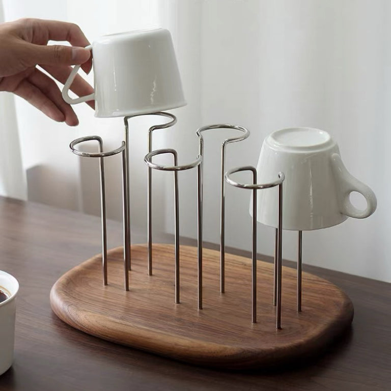 Solid walnut cup drying rack with minimalist design