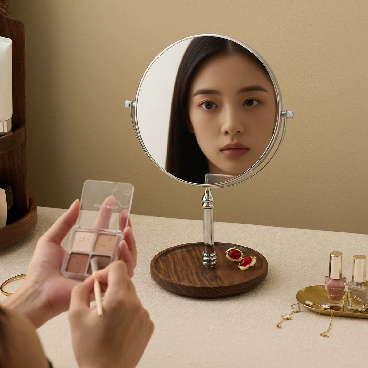 Solid walnut desktop mirror with built-in LED lighting