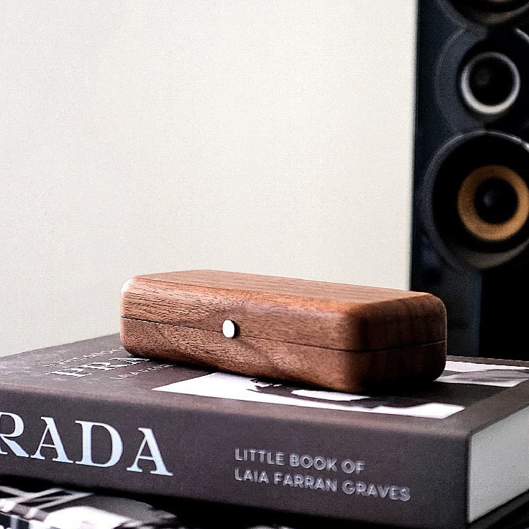 Solid walnut eyeglasses holder for daily carry and protection