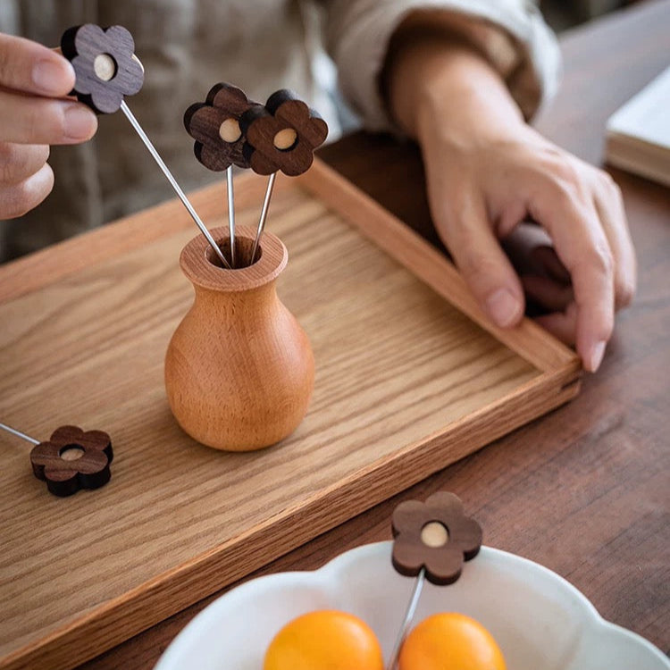 Solid walnut fruit pick set for desserts and snacks