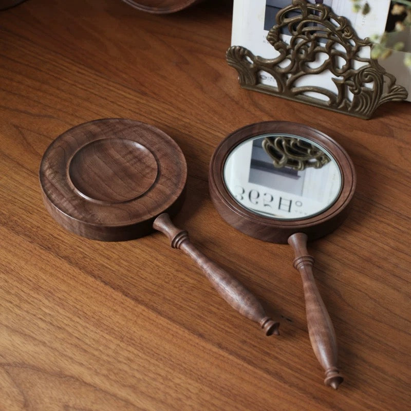 Solid walnut handheld mirror with retro style design