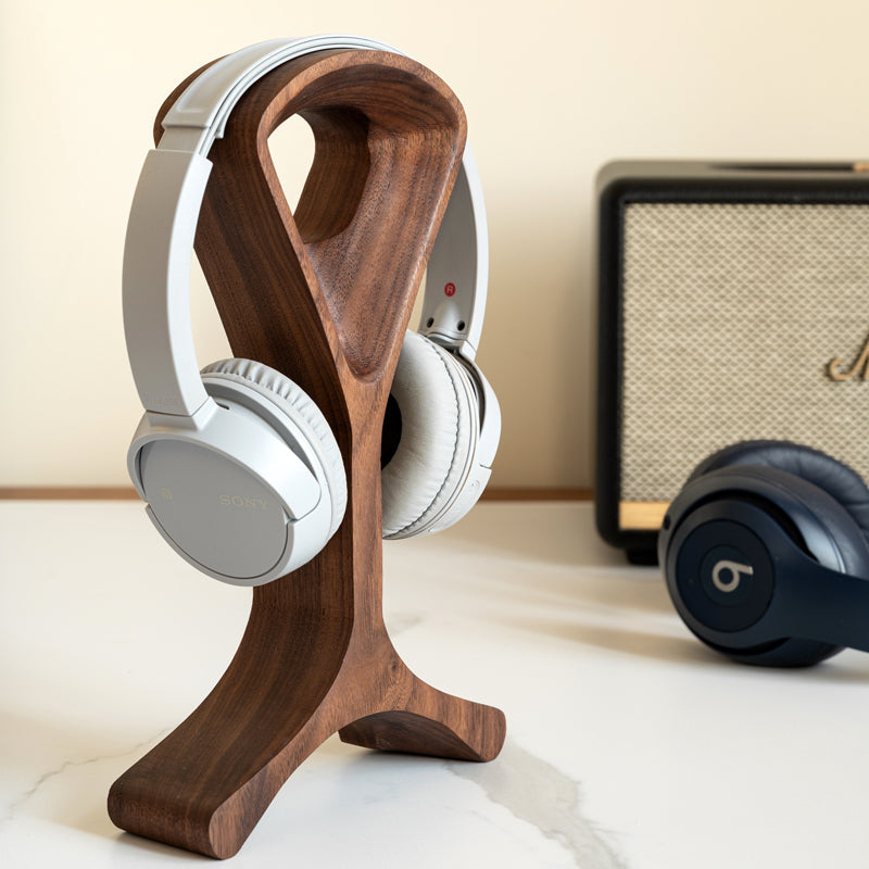 Solid walnut headphone stand with minimalist design