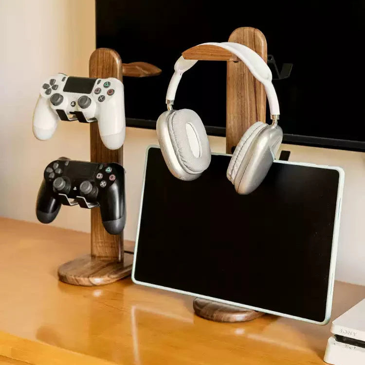 Solid walnut headset and controller stand with gaming setup design