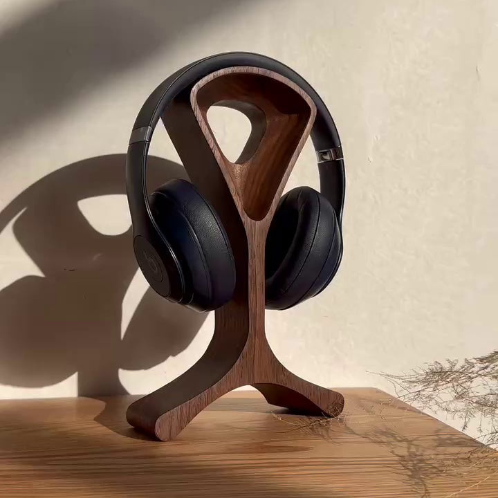 Solid walnut headset stand for desk and workspace setup