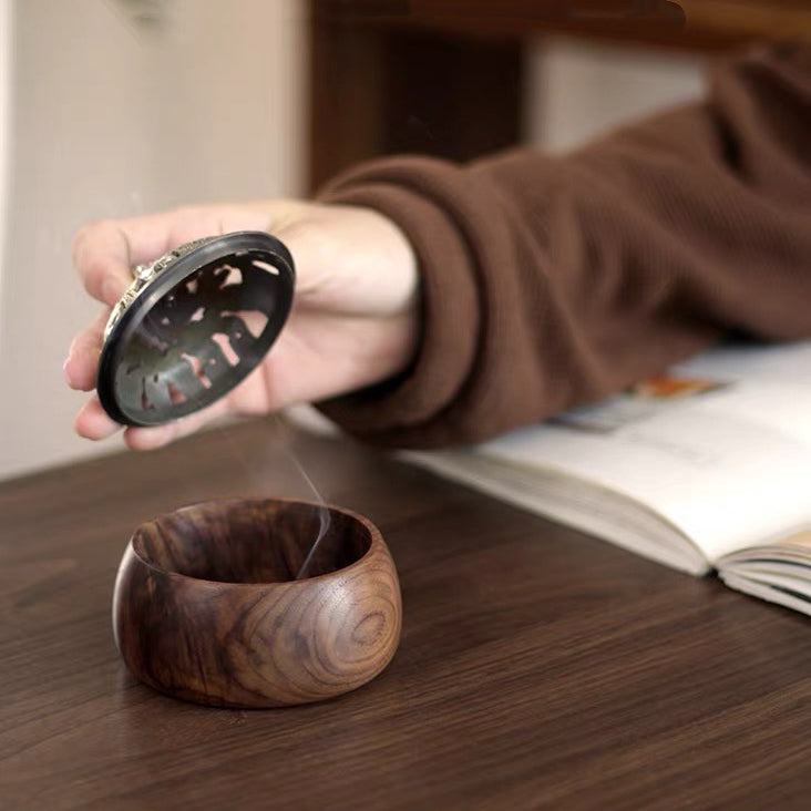 Solid walnut incense burner with lotus design