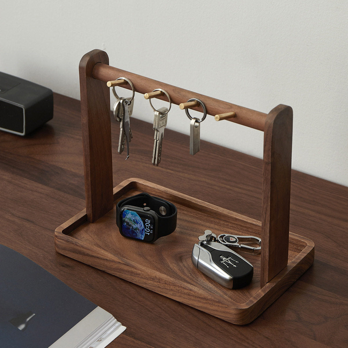 Solid walnut key stand with storage tray for daily essentials