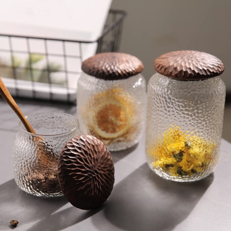 Solid walnut lid coffee containers with textured glass design