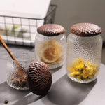 Solid walnut lid coffee containers with textured glass design