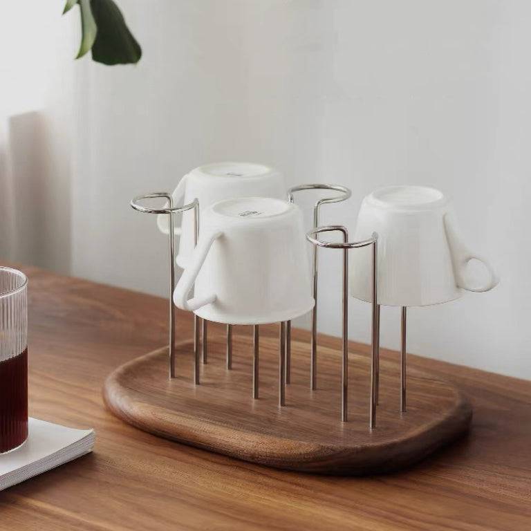 Solid walnut mug drying rack for kitchen countertop use