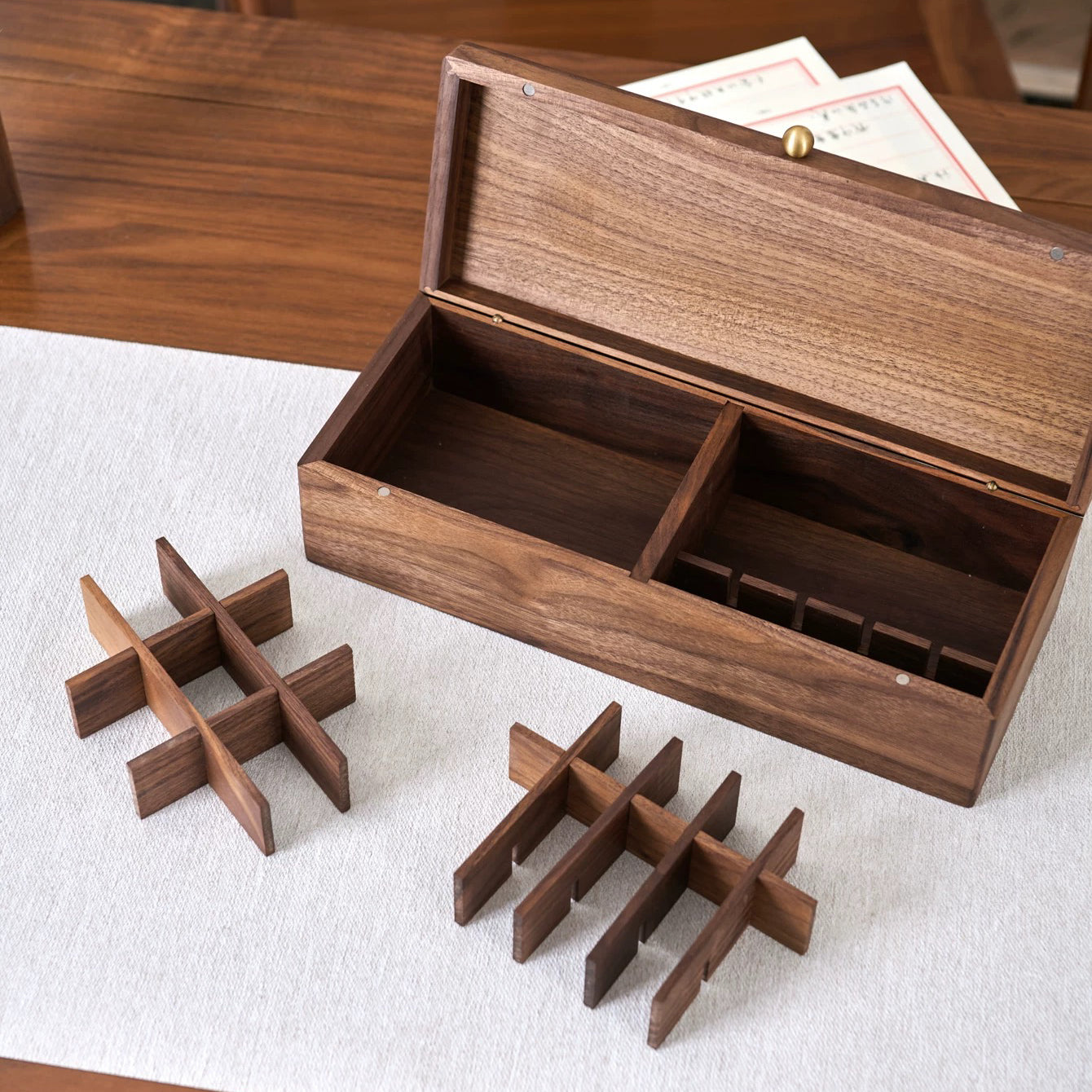 Solid walnut organizer box with multiple compartments