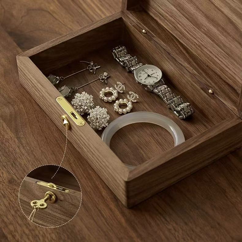 Solid walnut organizer box with secure locking mechanism