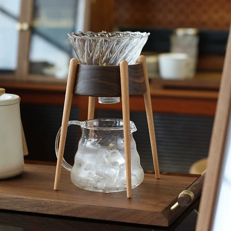 Solid walnut pour-over coffee stand with V60 glass dripper