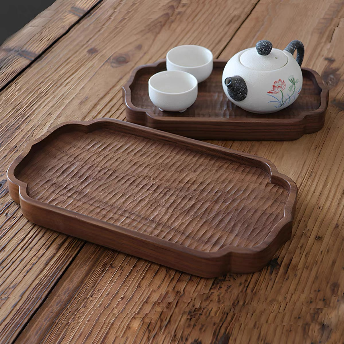 Solid walnut serving tray with curved design
