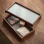 Solid walnut serving tray with frosted glass surface