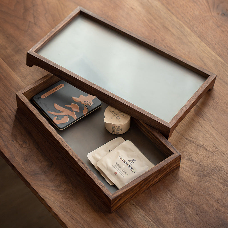 Solid walnut serving tray with frosted glass surface