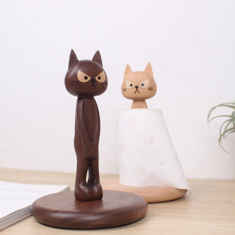 Solid walnut standing tissue holder with cute cat design