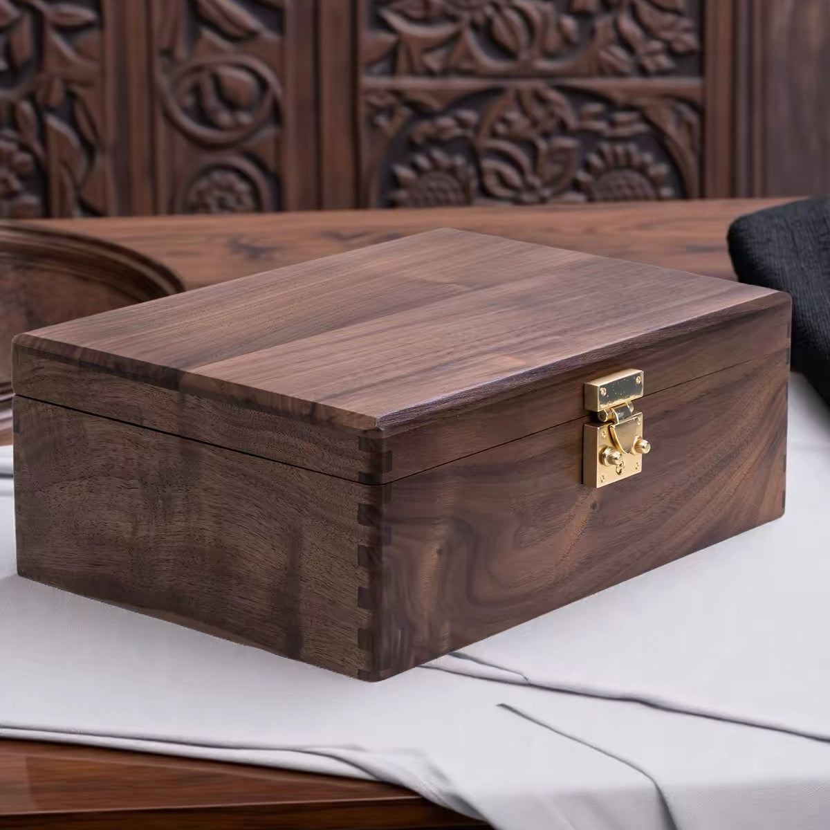 Solid walnut storage box with lid and minimalist design