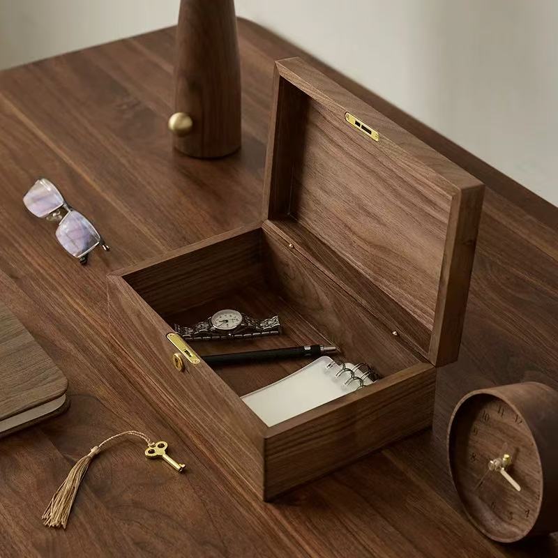 Solid walnut storage box with lock and minimalist design