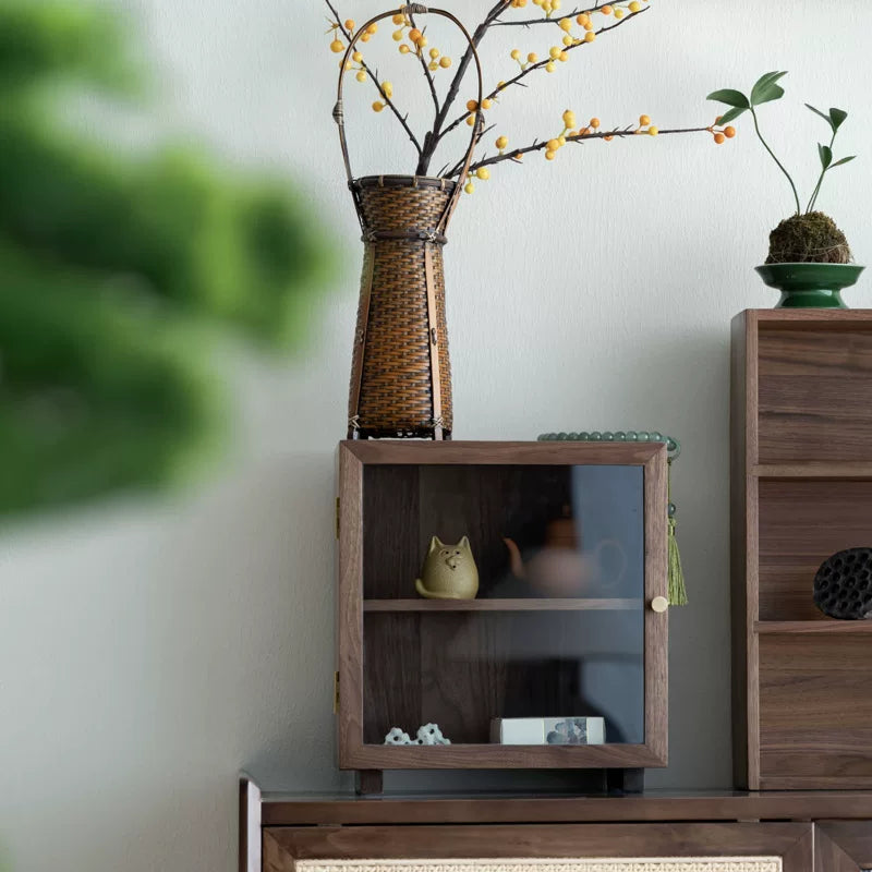 Solid walnut storage cabinet with glass door design