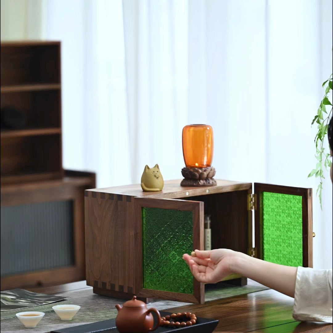 Solid walnut storage cabinet with textured glass doors