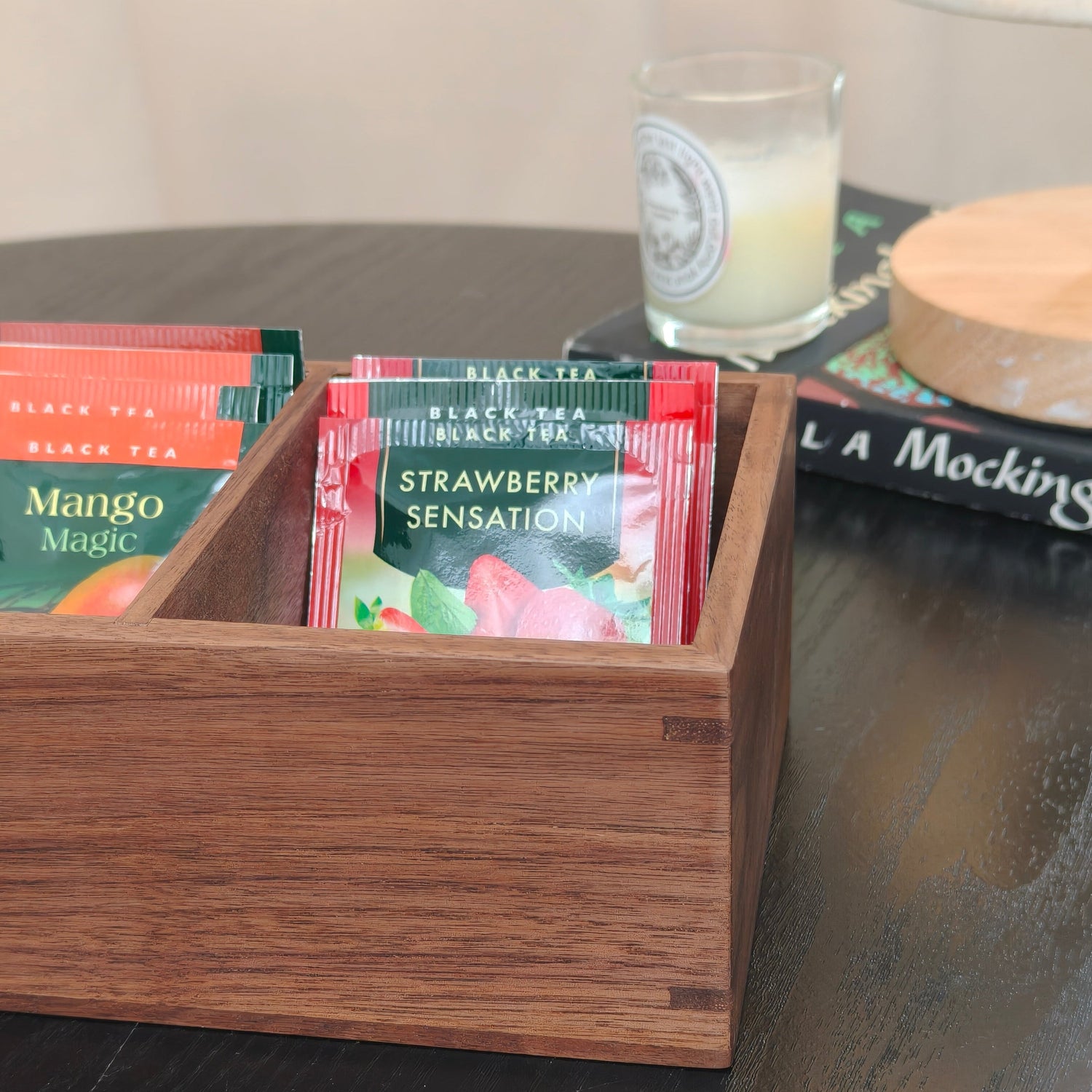 Solid walnut tea and coffee organizer box with storage design