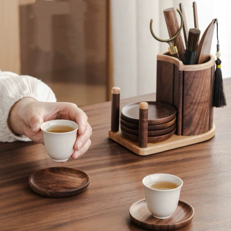 Solid walnut tea ceremony set with minimalist design
