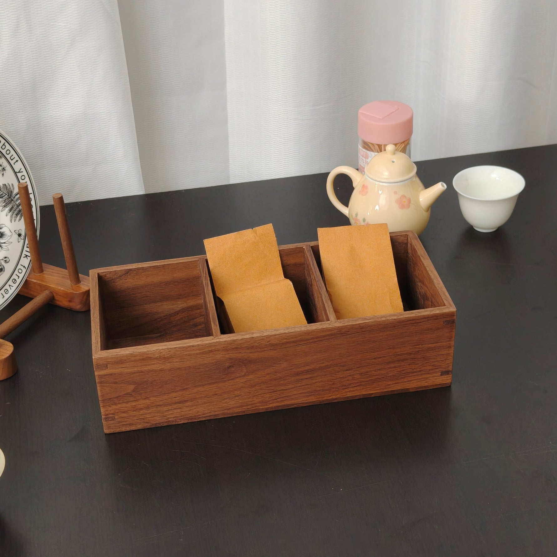 Solid walnut tea storage box for coffee and beverage essentials