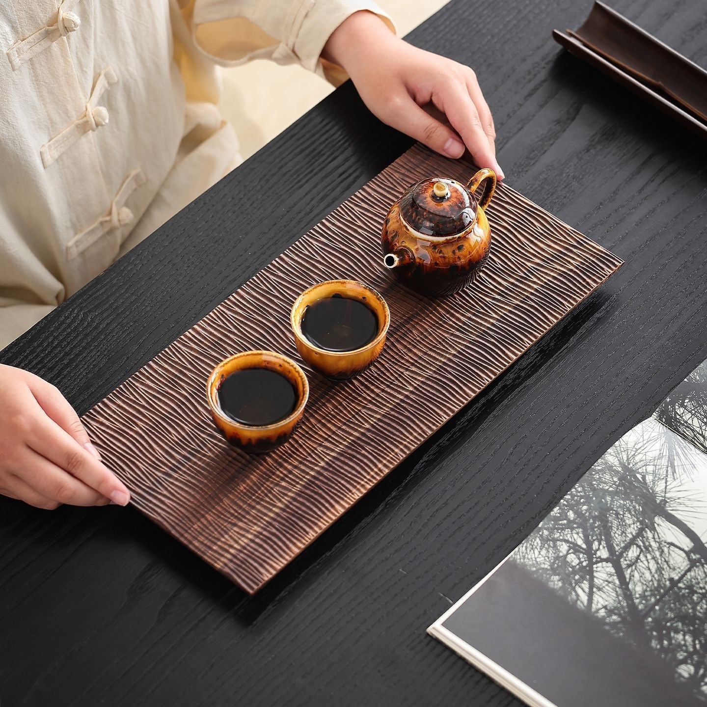 Solid walnut tea tray with pinstripe design