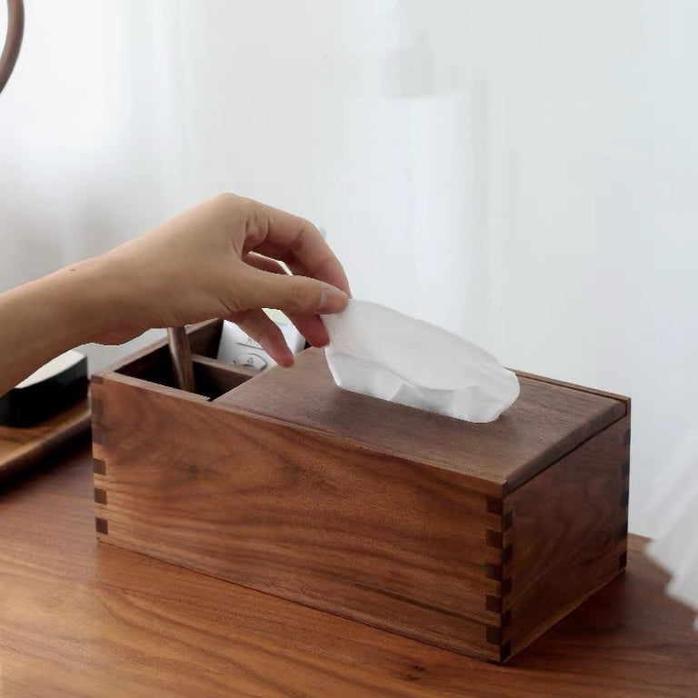 Solid walnut tissue box and remote control organizer