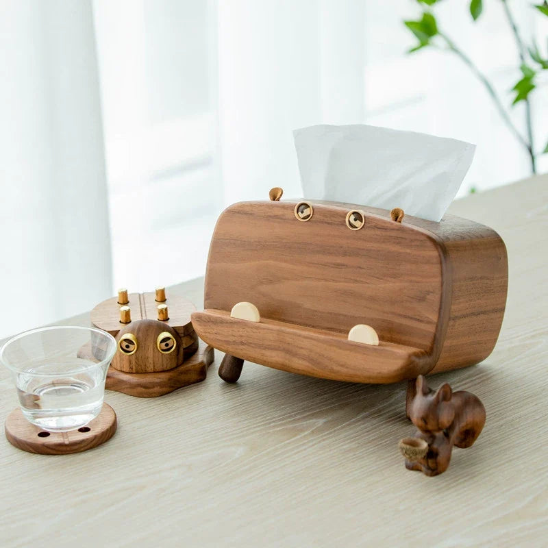Solid walnut tissue box cover with cute hippo shape