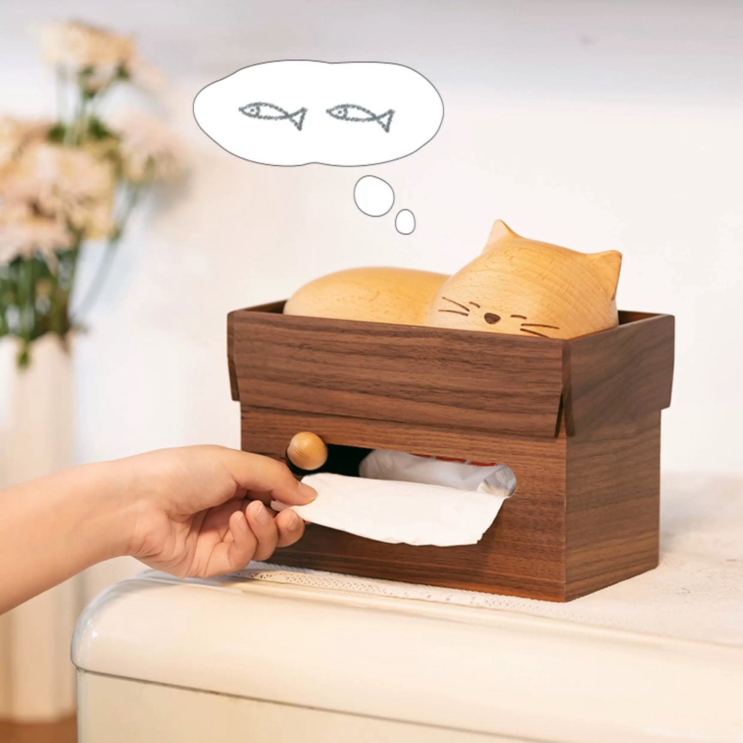 Solid walnut tissue box with cat inspired design