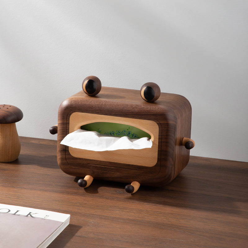 Solid walnut tissue box with frog design