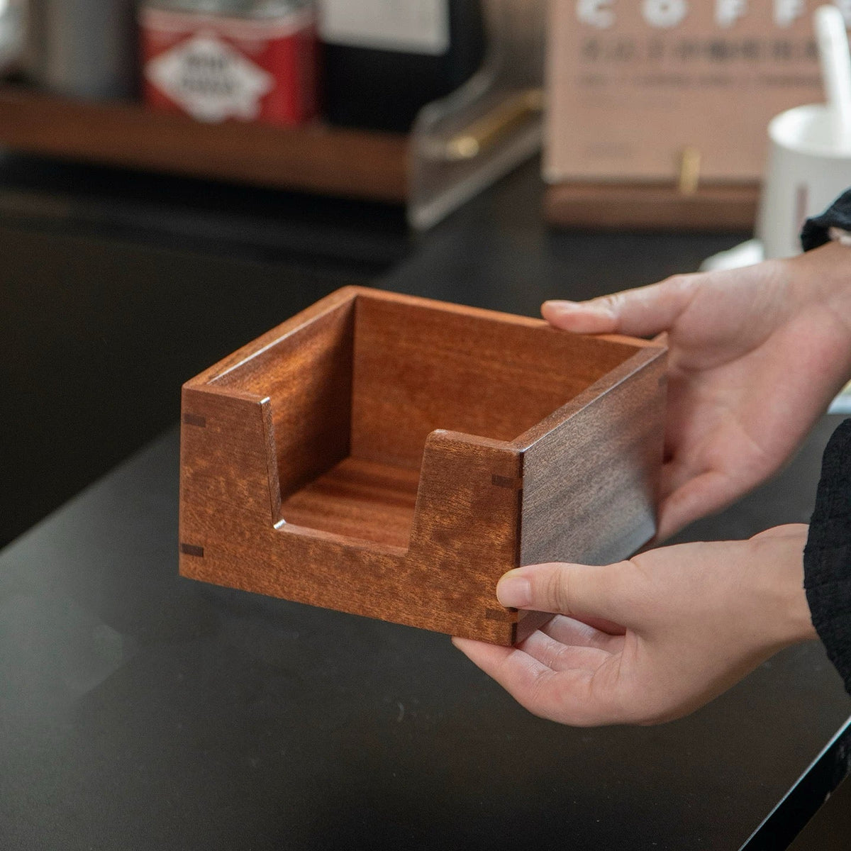 Solid walnut tissue holder for easy access and home decor
