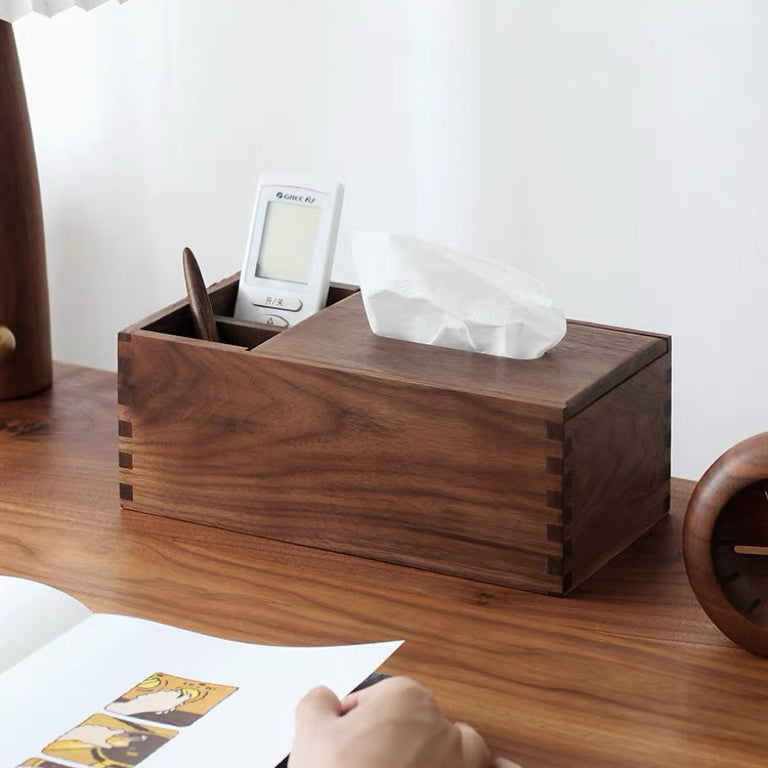 Solid walnut tissue holder with built-in remote storage