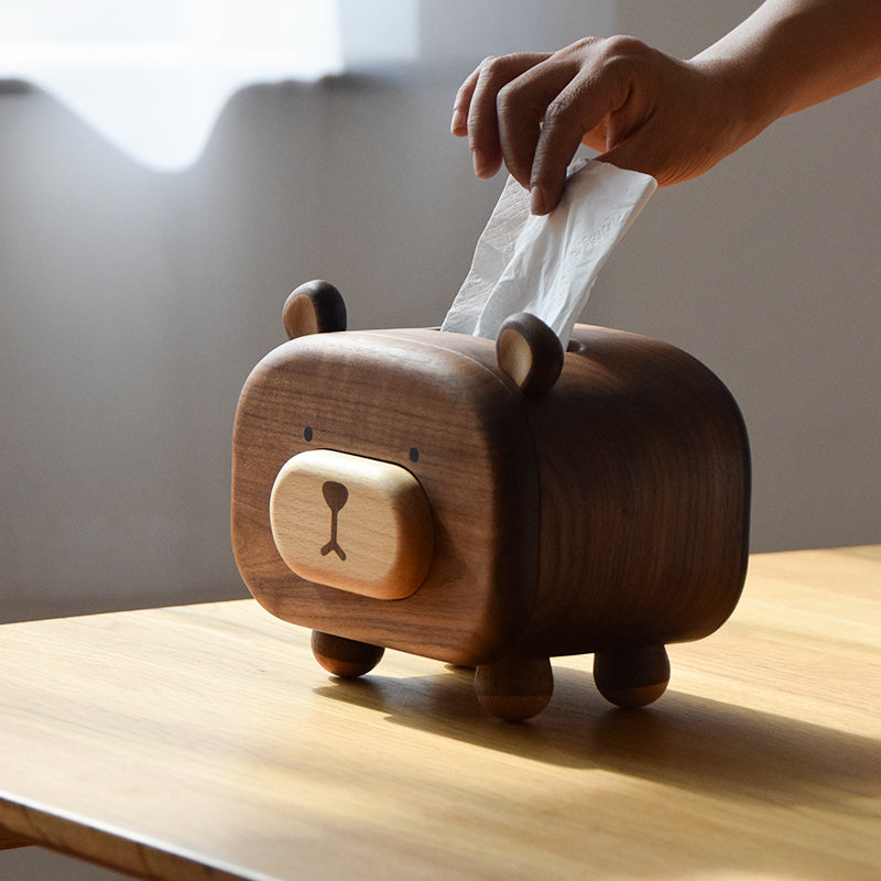 Solid walnut tissue holder with cute bear inspired shape