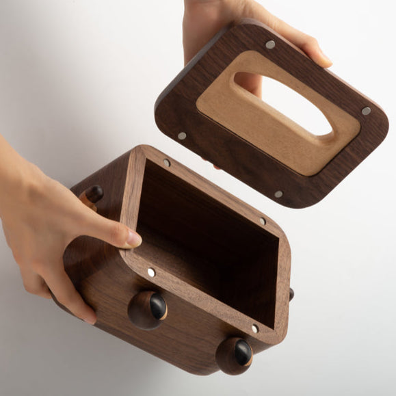 Solid walnut tissue organizer with playful animal design