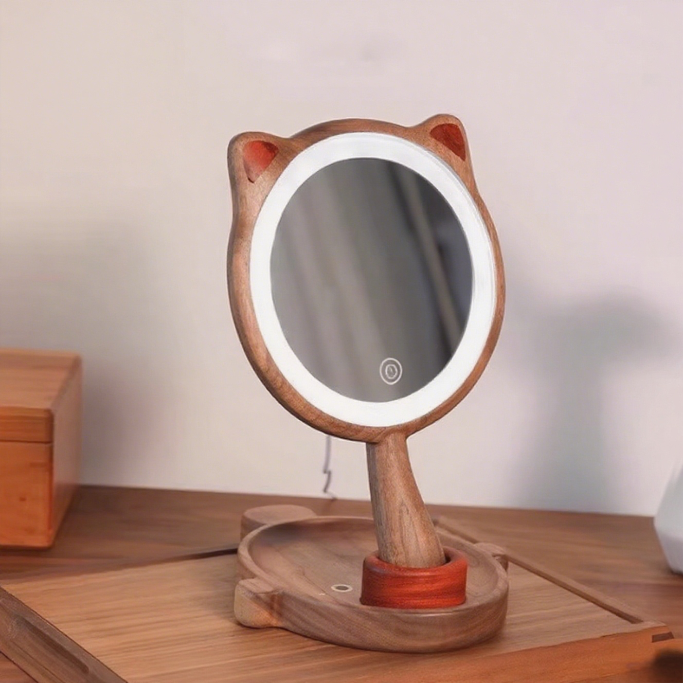 Solid walnut vanity mirror with built-in LED lighting