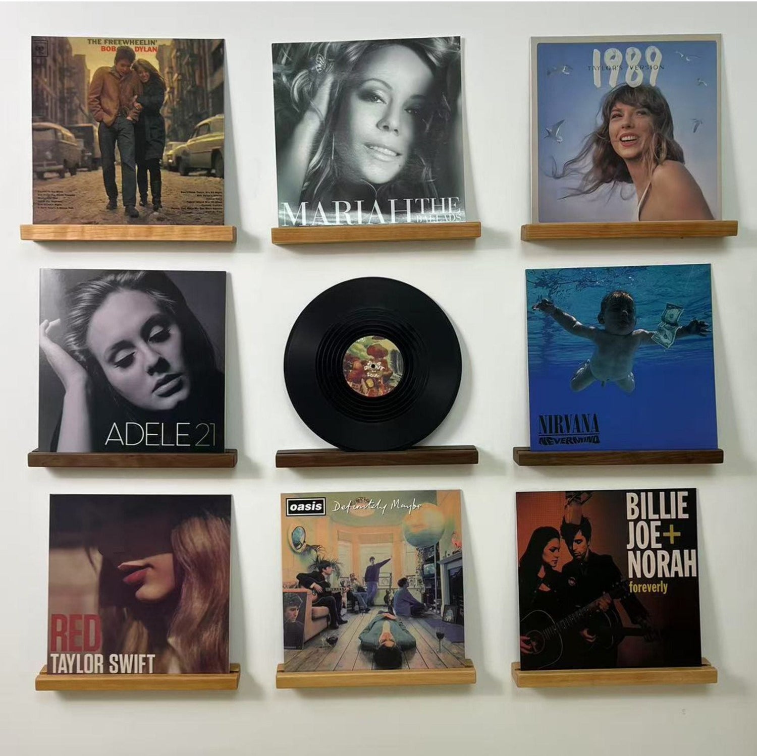 Solid walnut wall-mounted vinyl record display shelf