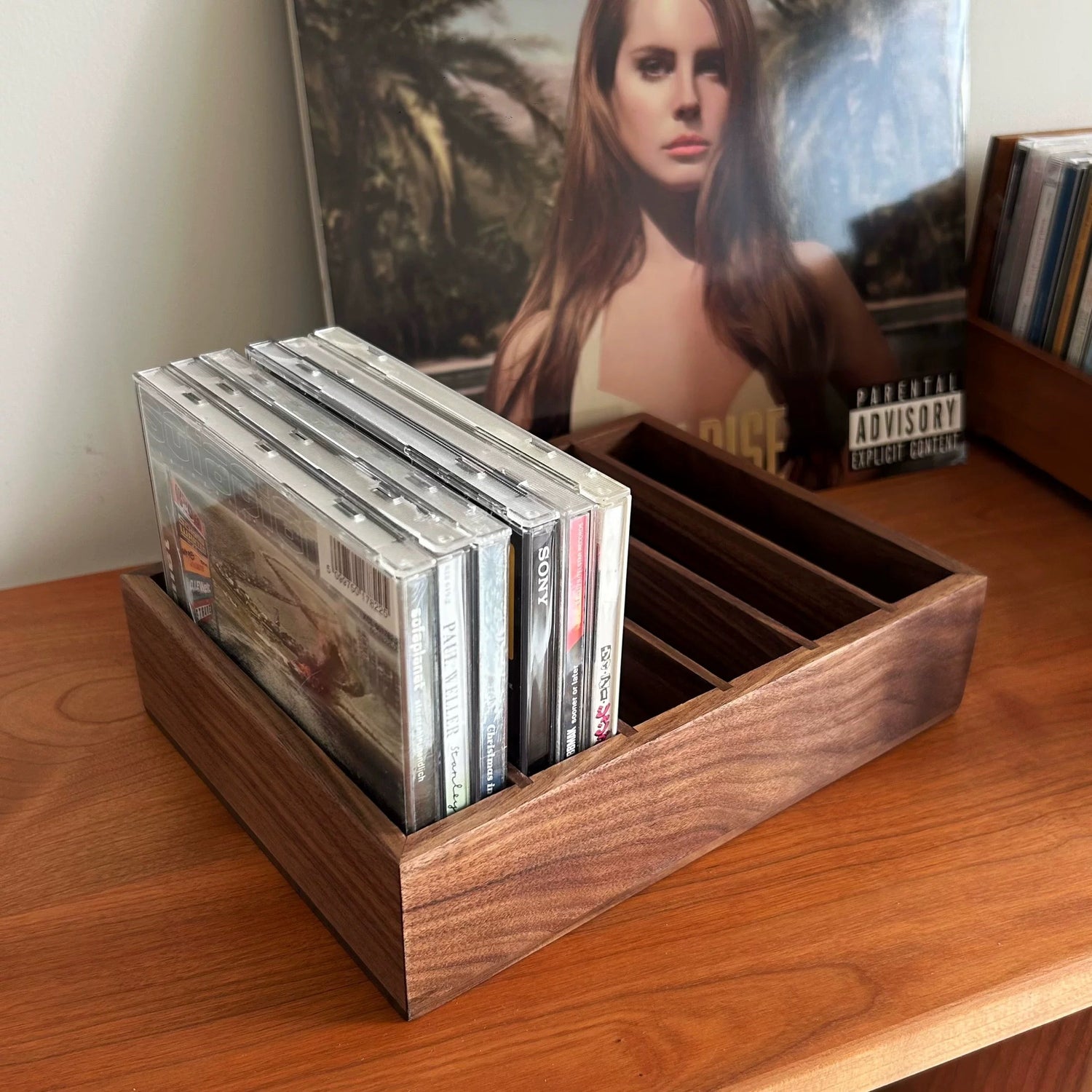 Solid wood CD storage rack with minimalist design