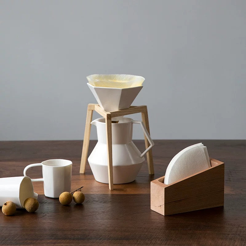 Solid wood V60 coffee filter paper organizer for brewing setup