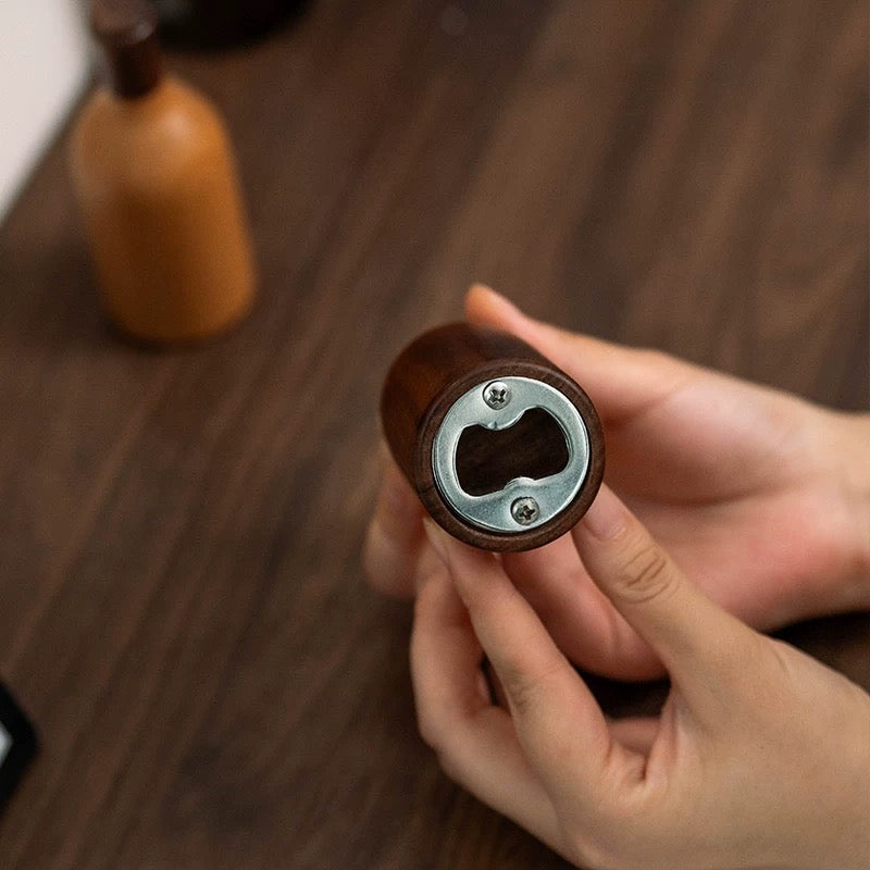 Solid wood beer bottle opener with ergonomic design