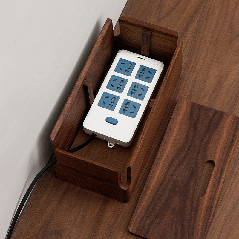 Solid wood cable storage box for chargers and power cords
