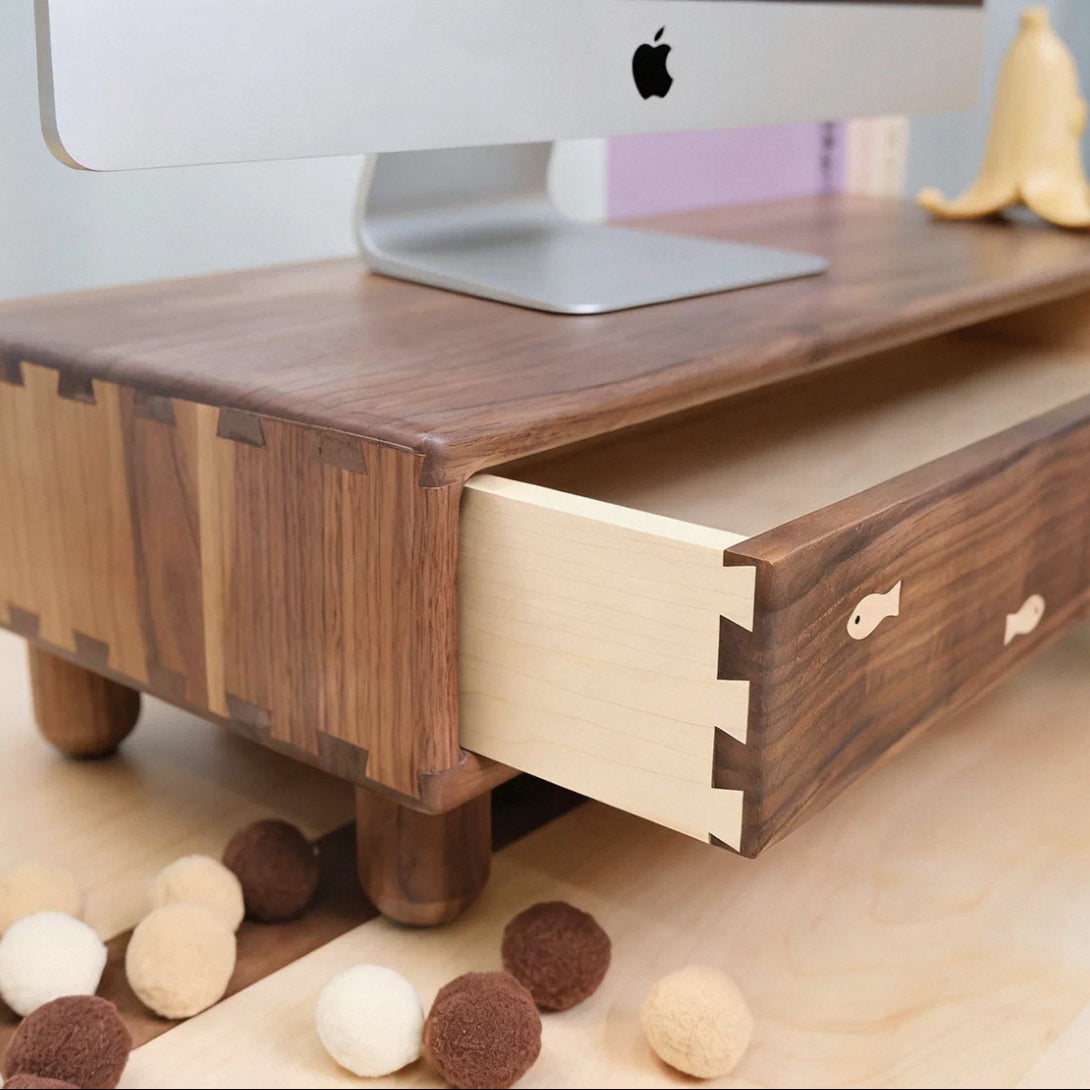 Solid wood desk monitor stand with built-in drawer storage