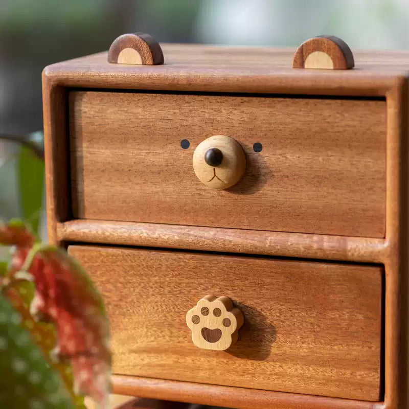 Solid wood desktop cabinet with two drawers and teddy design