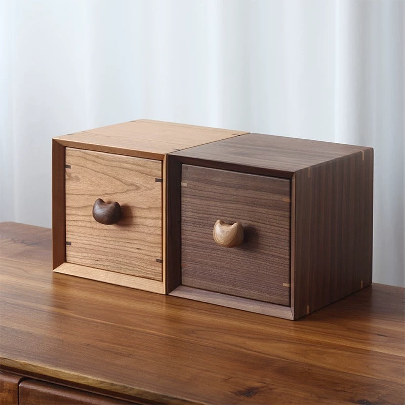 Solid wood desktop drawer organizer with cute cat face design