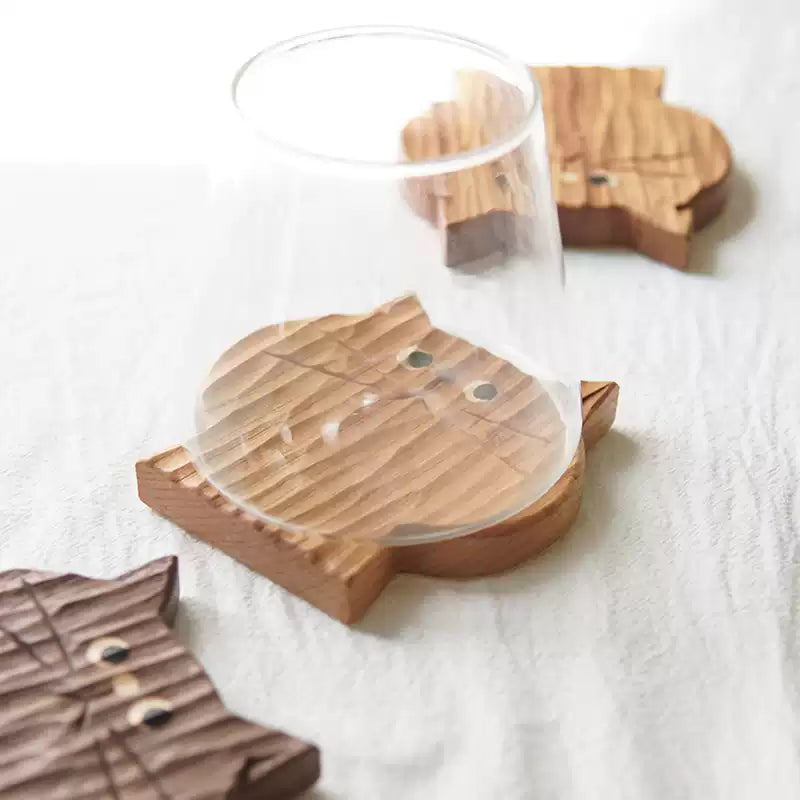 Solid wood drink coasters with cute cat shape design