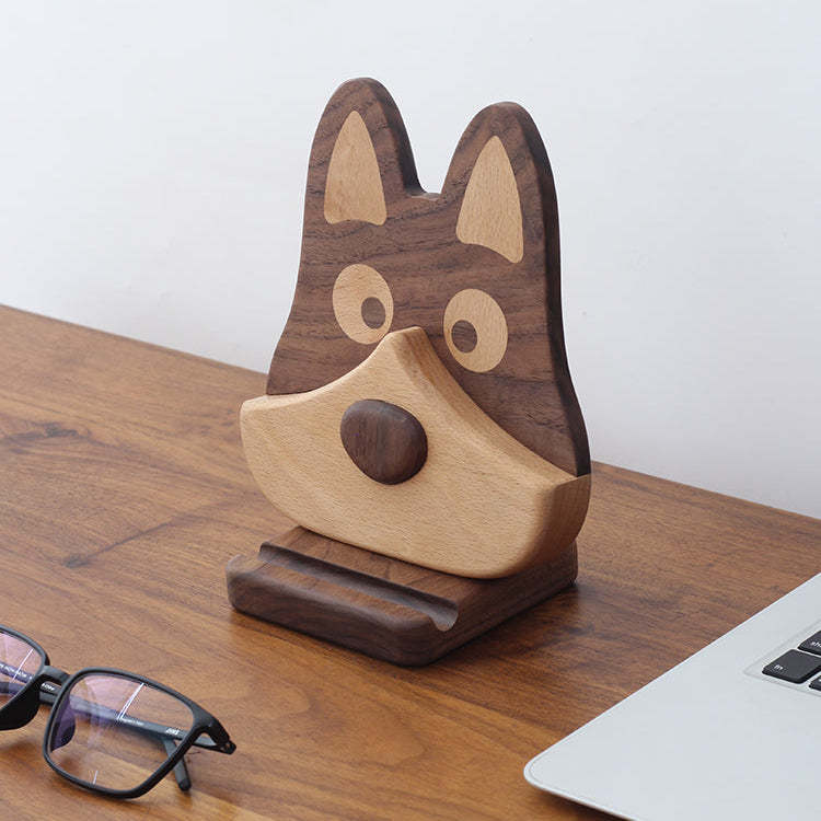 Solid wood eyeglass holder and phone stand with puppy design