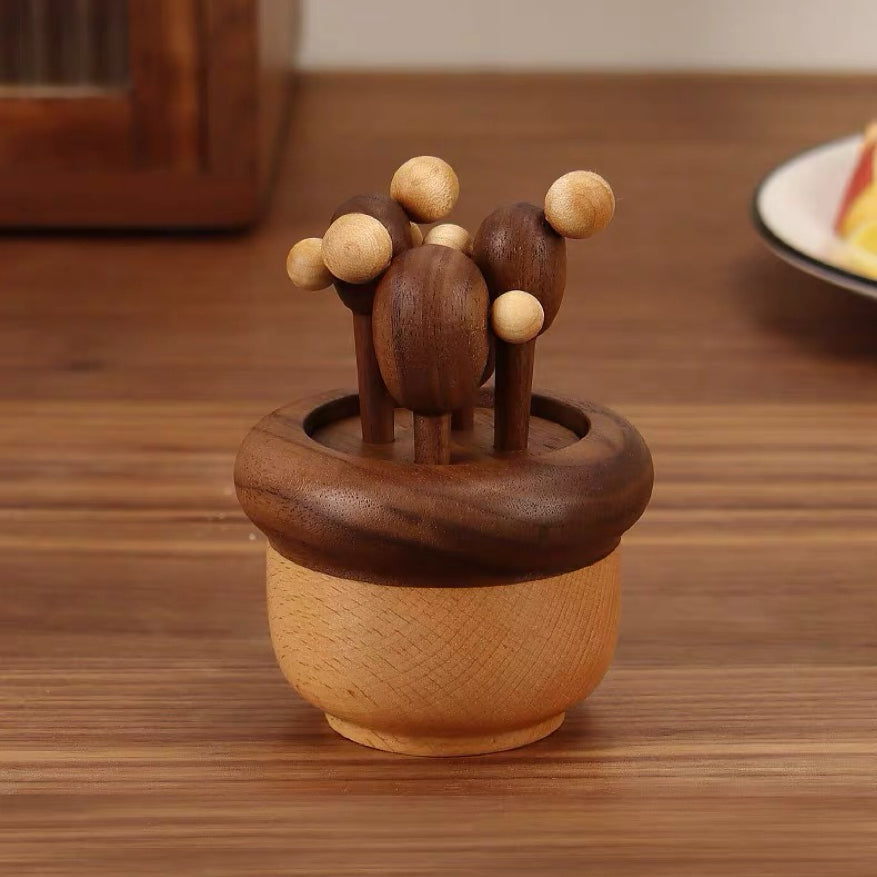 Solid wood fruit pick set with sprout design