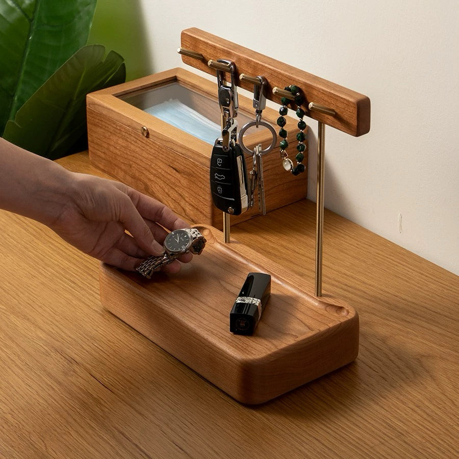 Solid wood key holder stand with storage tray for daily essentials