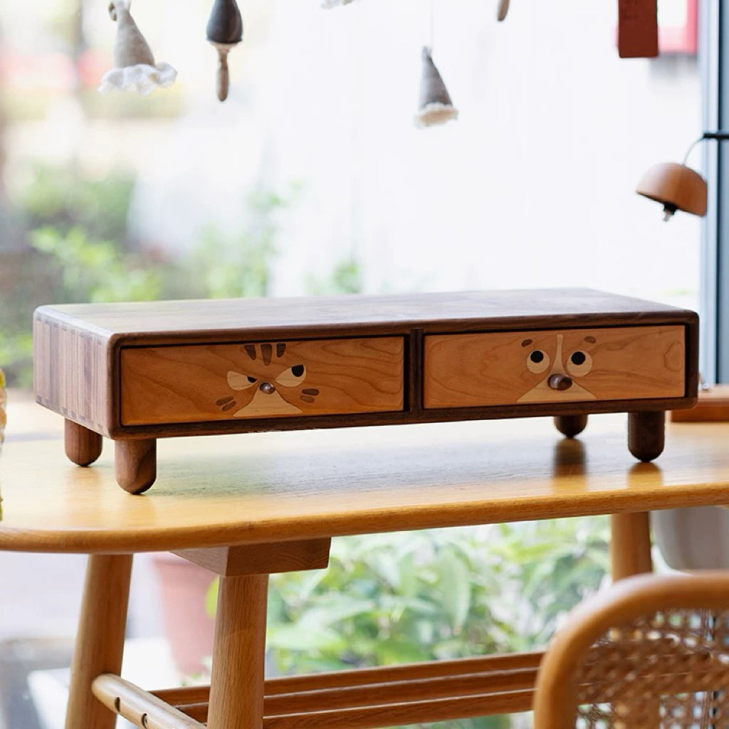 Solid wood monitor stand with drawers and cat design